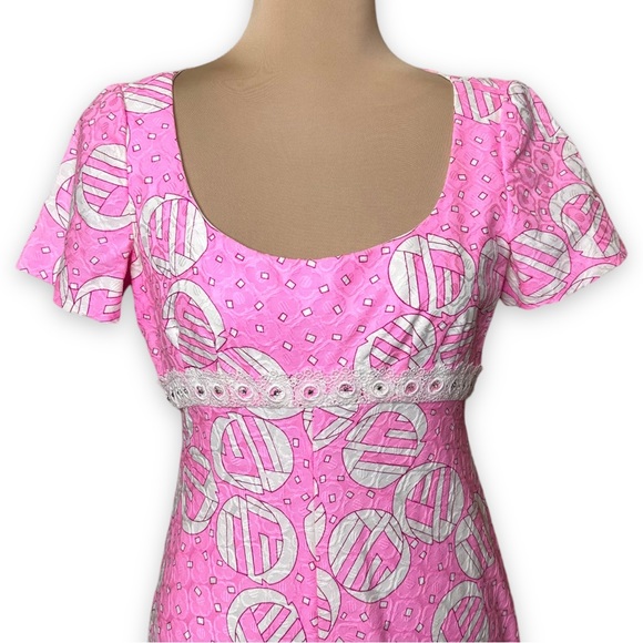 Vintage 60s 70s Harmay Maxi Formal Dress Pink White Geometric Print Size Small - Picture 9 of 17